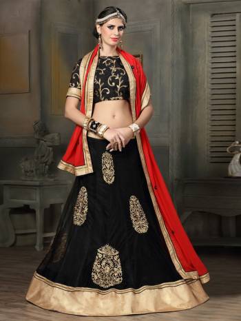 Enhance Your Beauty Wearing This Lehenga Choli In Black Color Paired With Red Colored Dupatta. Its Blouse Is Fabricated On Art Silk Paired With Net Lehenga And Georgette Dupatta. Its Elegant Embroidery And Design Will Give A Unique Look To Your Personaltiy.