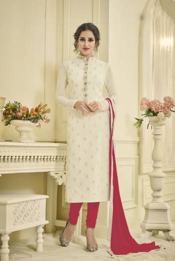 Simple And Elegant Looking Straight Cut Suit Is Here In Off-White Colored Top Paired With Dark Pink Colored Bottom And Dupatta. Its Top Is Fabricated On Georgette Paired With Santoon Bottom And Chiffon Dupatta. This Suit Is Light In Weight And Easy To Carry All Day Long.