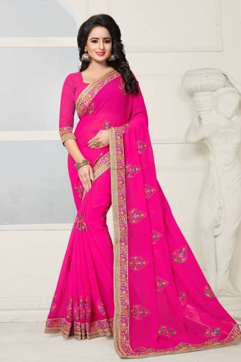 Shine Bright Wearing This Bright Colored Saree In Fuschia Pink Paired With Fuschia Pink Colored Blouse. This Saree And Blouse Are Fabricated On Georgette Beautified With Embroidery. Buy This Pretty Saree Now.