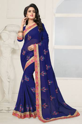 Subtle And Pretty Color Is Here With This Saree In Blue Color Paired With Blue Colored Blouse. This Saree And Blouse Are fabricated On Georgette Beautified With Resham Embroidery And Stone Work.