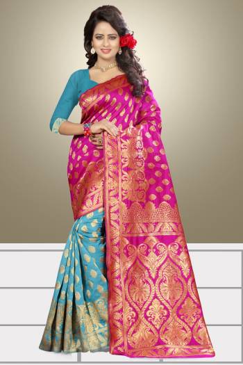 Grab This Pretty Saree In Pink And Blue Color Paired With Blue Colored Blouse. This Saree And Blouse Are Fabricated On Banarasi Art Silk Beautified With Weave All Over It. This Attractive Saree Will Give A Unique Look To Your Personality.