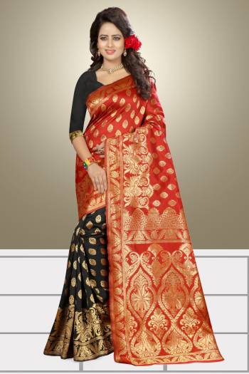 For A Bold And Beautiful Look, Grab This Lovely Saree In Red And Black Color Paired With Black Colored Blouse. This Saree And Blouse Are Fabricated On Banarasi Art Silk Beautified With Golden Weave All Over It.