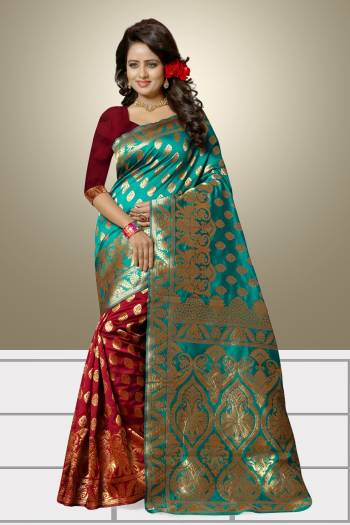 New And Unique Combination Is Here With This Saree In Blue And Maroon Color Paired With Maroon Colored Blouse. This Saree And Blouse Are Fabricated On Banarasi Art Silk Beautified With Weave All Over It.