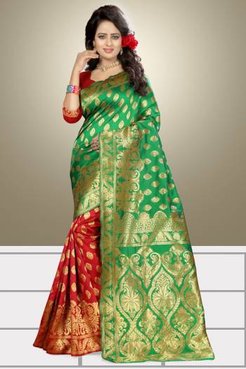 Proper Traditonal Look Is Here With This Saree In Green And Red Color Paired With Red Colored Blouse. This Saree And Blouse Are Fabricated On Banarasi Art Silk Beautified With Weave All Over It. 