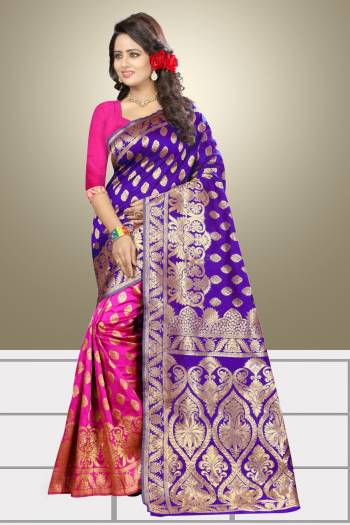 Look Pretty With Such A Beautiful Combination In Saree With This Banarasi Saree In Violet And Pink Color Paired With Pink Colored Blouse. This Saree And Blouse Are Fabricated On Banarasi Art Silk. Buy This Saree Now.