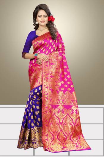 Grab This Banarasi Saree In Pink And Violet Color Paired With Violet Colored Blouse. This Saree And Blouse Are Fabricated On Banarasi Art Silk. It Is Easy To Drape And Carry All Day Long.