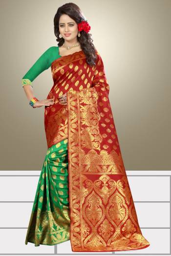 Celebrate This Festive Wearing This Saree In Maroon And Green Color Paired With Green Colored Blouse. This Saree And Blouse are Fabricated On Banarasi Art Silk Which Gives a Rich Look To Your Personality And Earn You Lots Of Compliments From Onlookers.