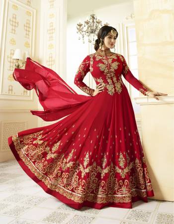 Adorn The Pretty Angelic Look Wearing This Red Colored Designer Floor Suit Paired Withb Red Colored Bottom And Dupatta. Its Top Is Fabricated On Georgette Paired With Santoon Bottom And Chiffon Dupatta, Its Top Is Beautified With Jari Embroidery And Stone Work. Buy This Suit Now.