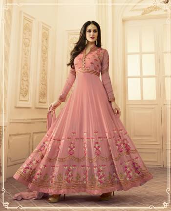 Look Pretty Wearing This Light Pink Colored Designer Floor Length Suit Paired With Light Pink Colored Bottom And Dupatta. Its Top Is Fabricated On Georgette Paired With Santoon Bottom And Chiffon Dupatta. This Pretty Suit Is Light Weight And Ensures Superb Comfort All Day Long. Buy It Now.