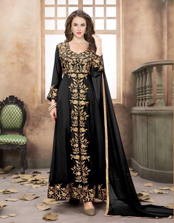 Enhance Your Beauty Wearing This Indo-Western Suit In Black Color Paired With Black Colored Embroidered Bottom And Black Colored Dupatta. Its Top Is Fabricated On Georgette Paired With Santoon Bottom And Chiffon Dupatta. It Has Attractive Embroidery Over Its Top And Bottom. Buy This Suit Now.