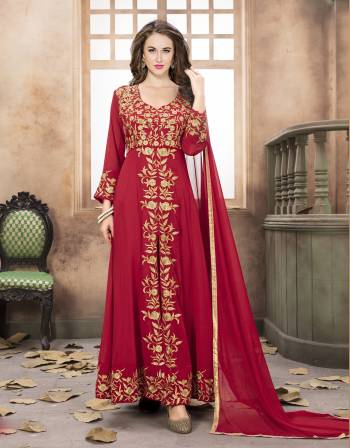 Adorn The Angelic Look Wearing This Red Colored Indo-Western Suit Paired With Red Colored Bottom And Dupatta. Its Top Is Fabricated On Georgette Paired With Santoon Bottom And Chiffon Dupatta. This Suit Ensures Superb Comfort All Day Long. Buy Now.