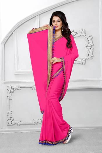 Grab This Pretty Saree In Pink Color Paired With Golden Colored Blouse. This Saree Is Fabricated On Georgette Paired With Brocade Fabricated Blouse. This Saree Is Soft Towards Skin and Also Light In Weight Which Ensures Superb Comfort All Day Long.