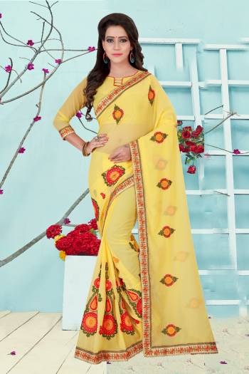 Look Pretty Wearing This Saree In Yellow Color Paired With Yellow Colored Blouse. This Saree And Blouse Are Fabricated On Chiffon Beautified With Contrasting Embroidery. Buy This Pretty Saree Now.