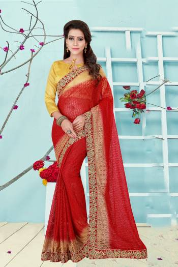 Adorn The Angelic Look With This Pretty Saree In Red Color Paired With Contrasting Yellow Colored Blouse. This Saree Is Fabricated On Net Paired With Art Silk Fabricated Blouse. Its Border Is Beautified With Jari Embroidered Lace Border. Buy Now.