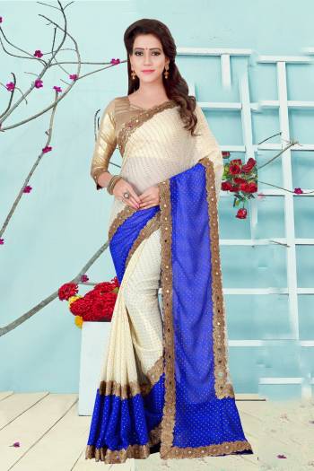 Simple And Elegant Looking Saree Is Here In White And Blue Color Paired With Golden Colored Blouse. This Saree Is Fabricated On Georgette Paired With Gota Fabricated Blouse. This Designer Saree Is Light In Weight And Easy To Carry All Day Long. Buy This Saree Now.