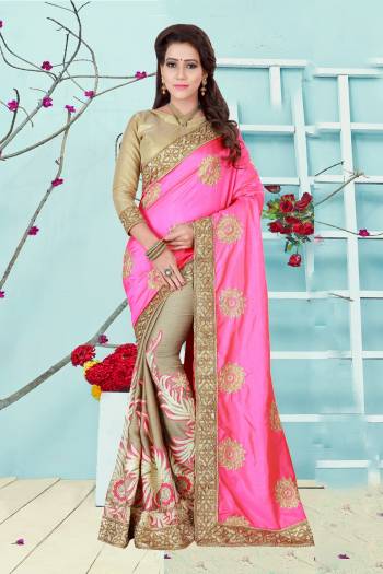 Celebrate This Festive Season wearing This Designer Saree In Pink And Beige Color Paired With Golden Colored Blouse. This Saree Is Fabricated On Satin Silk and Art Silk Paired With Gota Fabricated Blouse. It Is Beautified With Heavy Embroidery Which Will Give An Attractive Look To Your Personality.