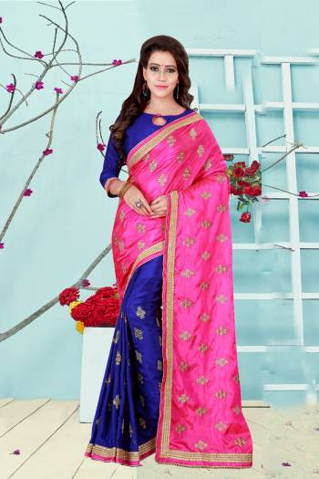 Bright And Visually Appealing Saree Is Here With This Saree In Pink And Blue Color Paired With Blue Colored Blouse. This Pretty Saree And Blouse Are Fabricated On Satin Silk Beautified With Jari Embroidery. Buy Now.