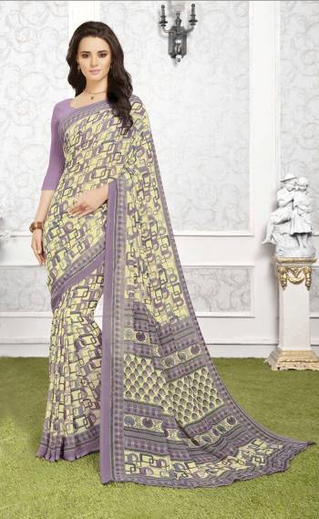 For Your Casual Wear Here Is A Printed Saree In Cream Color Paired With Pale Purple Colored Blouse. This Saree And Blouse Are Fabricated On Georgette. This Saree Is Light In Weight And Easy To Carry All Day Long.