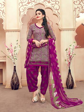 Go Colorful This Summer With This Dress Material In Multi Colored Top Paired With Purple Colored Bottom And Dupatta. Its Top And Bottom Are Fabricated On South Cotton Paired With Chiffon Dupatta. Its All Three Fabrics Ensures Superb Comfort All Day Long.