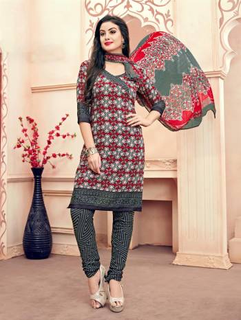 Comfort Is The First Thing Your See In Your Casuals, So Grab This Dress Material and Get This Stitched As Per Your Desired Fit And Comfort. Its Top And Dupatta Are In Grey And Red Color Paired With Grey Colored Bottom. Its Top And Bottom Are Fabricated On South Cotton Paired With Chiffon Dupatta. Buy This Dress Material Now.