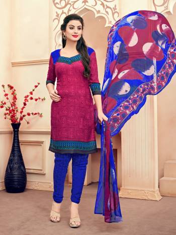 Bright And Visually Appealing Dress Material Set Is Here For Your Daily Wear. Its Top Is In Dark Pink Color Paired With Blue Colored Bottom And Multi Colored Dupatta. Its Top And Bottom Are Fabricated On South Cotton Paired With Chiffon Dupatta. Its All Three Fabrics Ensures Superb Comfort All Day Long. Also It Is Light In Weight And Durable.