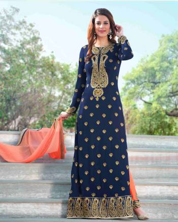 Enhance Your Personality Wearing This Designer Straight Cut Suit In Navy Blue Color Paired With Contrasting Orange Colored Bottom And Dupatta. Its Top Is Fabricated On Georgette Paired With Santoon Bottom And Chiffon Dupatta. It Is Beautified With Heavy Embroidery All Over The Top. Buy This Designer Suit Now.