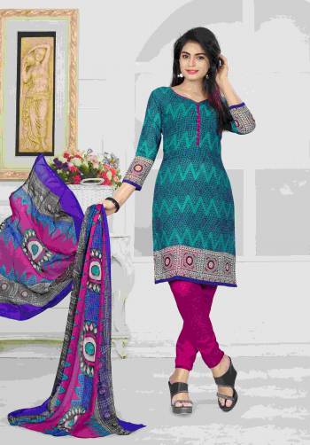 Grab This Simple Suit For Your Casual Wear In Blue And Green Color Paired With Magenta Pink Colored Bottom And Multi Colored Dupatta. Its Top And Bottom Are Fabricated On Cotton Paired With Chiffon Dupatta. Get This Dress Material Stitched As Per Your Desired Fit And Comfort.