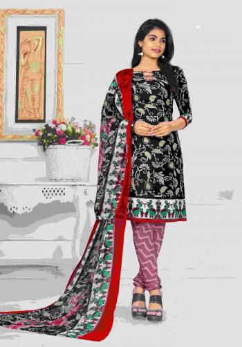 Get This Dress Material Stitched As Per Your deisred Fit And Comdort. Its Top Is In Black Color Paired With Red And White Colored Bottom And Multi Colored Dupatta. Its Top And Bottom Are Fabricated On Cotton Paired With Chiffon Dupatta. Its Has Simple Prints all Over It.