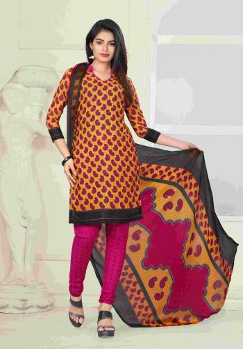 Bright And Visually Appealing Color Is Here In Musturd Yellow Colored Top Paired With Dark Pink Colored Bottom And Dark Pink And Yellow Colored Dupatta. Its Top And Bottom Are Fabricated On Cotton Paired With Chiffon Dupatta. Buy It Now.