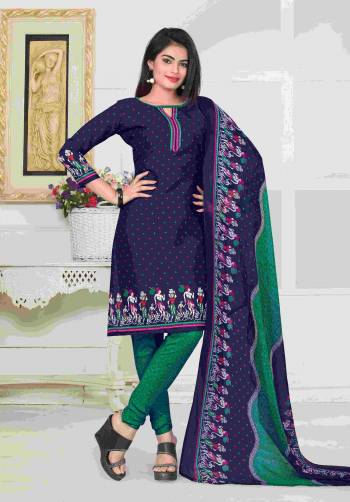 Dark Colors Always Looks Great For Your Casual Wear, So Grab This Dress Material In Navy Blue Color Paired With Green Colored Bottom And Navy Blue And Green Colored Dupatta. Its Top And Bottom Are Fabricated On Cotton Paired With Chiffon Dupatta. All Its Fabrics Ensures Superb Comfort All Day Long. Buy Now.