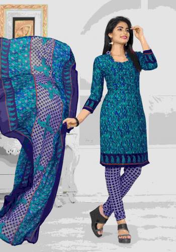 Grab This Simple Suit For Your Casual Wear In Green & Blue Color Paired With Blue Colored Bottom And Multi Colored Dupatta. Its Top And Bottom Are Fabricated On Cotton Paired With Chiffon Dupatta. Get This Dress Material Stitched As Per Your Desired Fit And Comfort.