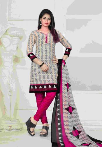 Grab This Dress Material In Light Grey Colored Top Paired With Dark Pink Colored Bottom And Grey Colored Dupatta. Its Top And Bottom Are Fabricated On Cotton Paired Chiffon Dupatta. Its All Three Fabrics Ensures Superb Comfort All Day Long. Buy Now.