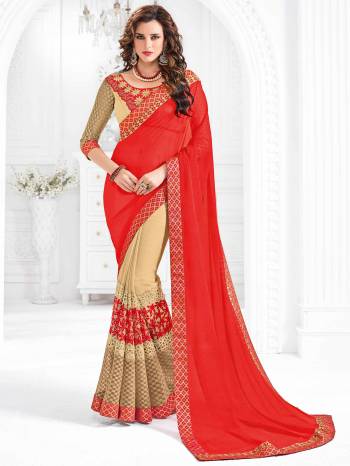 All the Fashionable women will surely like to step out in style wearing this red and beige color marble chiffon saree. this gorgeous saree featuring a beautiful mix of designs. look gorgeous at an upcoming any occasion wearing the saree. Its attractive color and designer cut paste work saree, beautiful floral design work over the attire & contrast hemline adds to the look. Comes along with a contrast unstitched blouse.