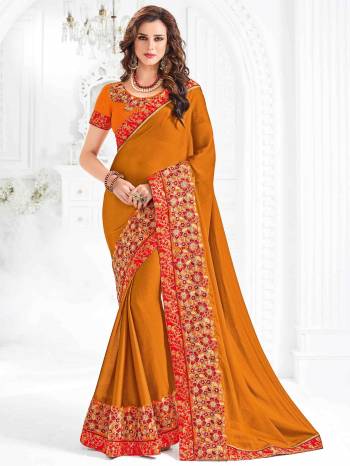 Flaunt a new ethnic look wearing this musturd yellow color moss chiffon saree. this party wear saree won't fail to impress everyone around you. this gorgeous saree featuring a beautiful mix of designs. Its attractive color and designer embroidered design, patch design, attractive stone design, beautiful floral design work over the attire & contrast hemline adds to the look. Comes along with a contrast unstitched blouse.