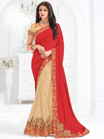 you Look striking and stunning afler wearing this red and beige color georgette and lycra pattern saree. look gorgeous at an upcoming any occasion wearing the saree. this party wear saree won't fail to impress everyone around you. Its attractive color and designer embroidered design, patch design, attractive stone design, beautiful floral design work over the attire & contrast hemline adds to the look. Comes along with a contrast unstitched blouse.