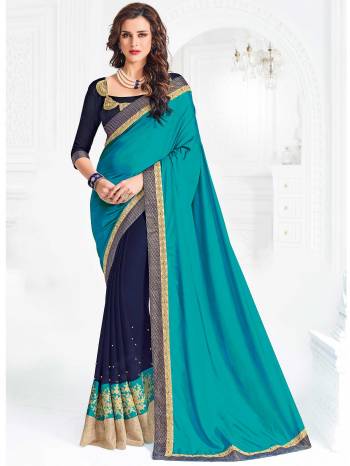 Look pretty like never before. wearing this Blue & Navy Blue color two-tone silk and georgette saree. this gorgeous saree featuring a beautiful mix of designs. look gorgeous at an upcoming any occasion wearing the saree. Its attractive color and designer embroidered design, patch design, cut paste saree, attractive stone design, beautiful floral design work over the attire & contrast hemline adds to the look. Comes along with a contrast unstitched blouse.