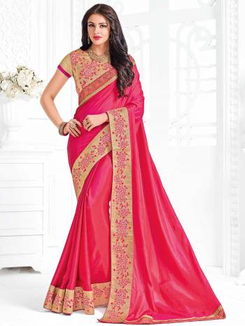 Flaunt a new ethnic look wearing this dark pink color two-tone silk saree. Ideal for party, festive & social gatherings. this gorgeous saree featuring a beautiful mix of designs. Its attractive color and designer embroidered design, attractive stone design, beautiful floral design work over the attire & contrast hemline adds to the look. Comes along with a contrast unstitched blouse.