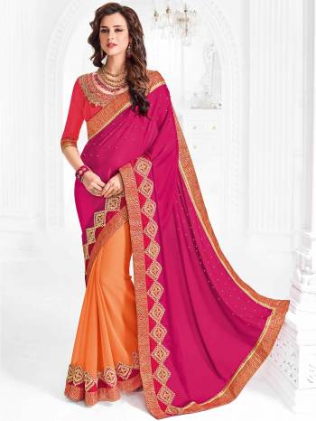 Presenting this magenta pink and orange color Chiffon saree. look gorgeous at an upcoming any occasion wearing the saree. this party wear saree won't fail to impress everyone around you. Its attractive color and designer embroidered design, patch design, attractive stone design, beautiful floral design work over the attire & contrast hemline adds to the look. Comes along with a contrast unstitched blouse.