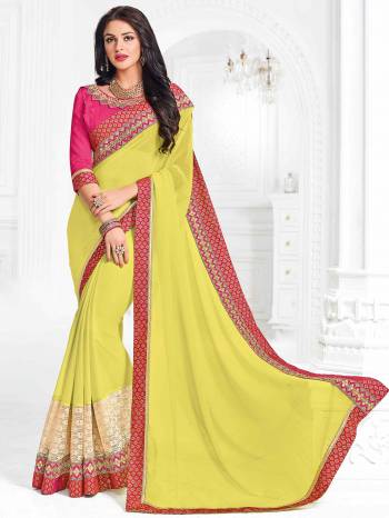 Drape this lime green color georgette saree. this gorgeous saree featuring a beautiful mix of designs. look gorgeous at an upcoming any occasion wearing the saree. Its attractive color and designer embroidered design, attractive zari design, beautiful floral design work over the attire & contrast hemline adds to the look. Comes along with a contrast unstitched blouse.