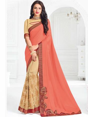 Classy, sensuous and versatile are the perfect words to describe this Peach and beige color moss chiffon and silk fabrics with net work saree. Ideal for party, festive & social gatherings. this gorgeous saree featuring a beautiful mix of designs. Its attractive color and designer embroidered saree, patch design, attractive stone design, cut paste saree, beautiful floral design work over the attire & contrast hemline adds to the look. Comes along with a contrast unstitched blouse.