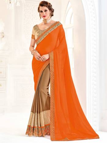 The fabulous pattern makes this orange and khaki color moss chiffon and two-tone chiffon pattern saree. Ideal for party, festive & social gatherings. this gorgeous saree featuring a beautiful mix of designs. Its attractive color and designer embroidered design, attractive zari design, beautiful floral design work over the attire & contrast hemline adds to the look. Comes along with a contrast unstitched blouse.