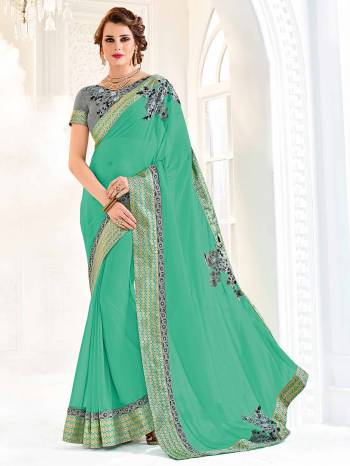 Show your elegance by wearing this gorgeous Sea green color georgette saree. Ideal for party, festive & social gatherings. this gorgeous saree featuring a beautiful mix of designs. Its attractive color and designer embroidered design, patch design, attractive stone design, beautiful floral design work over the attire & contrast hemline adds to the look. Comes along with a contrast unstitched blouse.