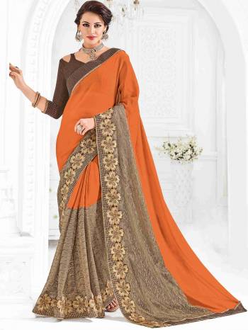 Gorgeously mesmerizing is what you will look at the next wedding gala wearing this beautiful Rust orange and brown color net pattern and moss chiffon saree. Ideal for party, festive & social gatherings. this gorgeous saree featuring a beautiful mix of designs. Its attractive color and designer embroidered saree, patch design, attractive stone design, cut paste saree, beautiful floral design work over the attire & contrast hemline adds to the look. Comes along with a contrast unstitched blouse.