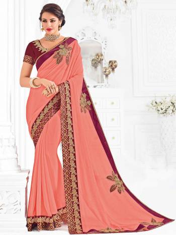 Flaunt your gorgeous look wearing this Peach colored two-tone marble saree. Ideal for party, festive & social gatherings. this gorgeous saree featuring a beautiful mix of designs. Its attractive color and designer embroidered design, patch design, attractive stone design, beautiful floral design work over the attire & contrast hemline adds to the look. Comes along with a contrast unstitched blouse.