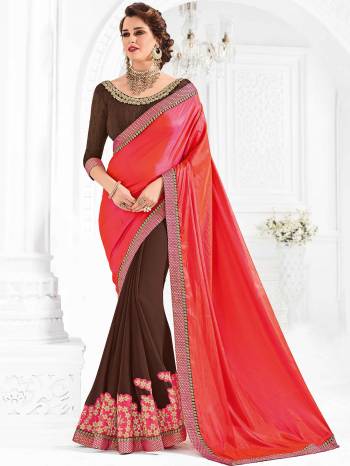 You Look elegant and stylish this festive season by draping this Dark Pink & Brown color two-tone silk and georgette saree. Ideal for party, festive & social gatherings. this gorgeous saree featuring a beautiful mix of designs. Its attractive color and designer embroidered design, attractive patch design, beautiful floral design work over the attire & contrast hemline adds to the look. Comes along with a contrast unstitched blouse.