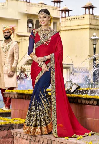 Here Is A Beautiful Saree In Red And Blue Color Paired With Red And Blue Colored Blouse. This Saree IS Fabricated On Georgette Paired With Art Silk And Georgette Fabricated Blouse. It Is Beautified With Attractive Embroidery Over The Panel And Lace Border.