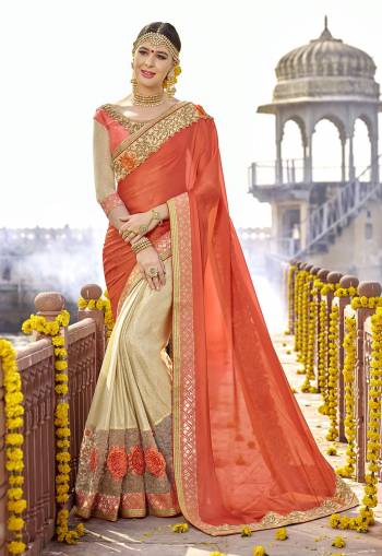 Celebrate This Festive Season Wearing This Saree In Orange And Beige Color Paired With Orange And Beige Colored Blouse. This Saree Is Fabricated On Georgette And Lycra Paired With Art Silk And Lycra Fabricated Blouse. This Saree Is Light In Weight And Easy To Carry All Day Long.