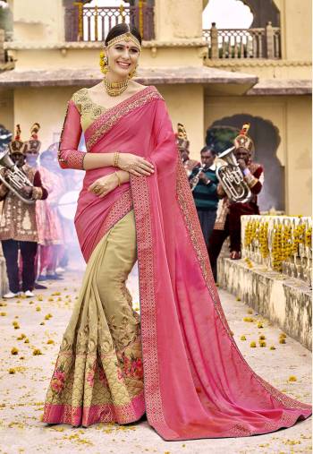 Grab This Beautiful Designer Saree In Pink And Beige Color Paired With Beige And Pink Colored Blouse. This Saree Is Fabricated On Georgette Paired With Art Silk Fabricated Blouse. Buy This Pretty Saree Now.