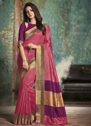 Look Pretty Wearing This Saree In Pink Color Paired With Contrasting Purple Colored Blouse. This Saree And Blouse Are Fabricated On Art Silk Which Gives A Rich Look To Your Personality. 