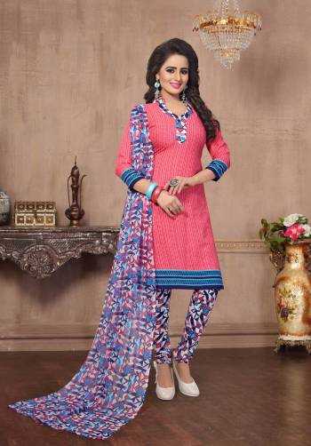 Look Pretty Even In Your Casuals Wearing This Suit In Pink Color Paired With Multi Colored Bottom And Dupatta. This Dress Material Is Fabricated On Amarican Crepe Paired With Chiffon Dupatta. Get This Stitched As Per Your Desired Fit And Comfort.